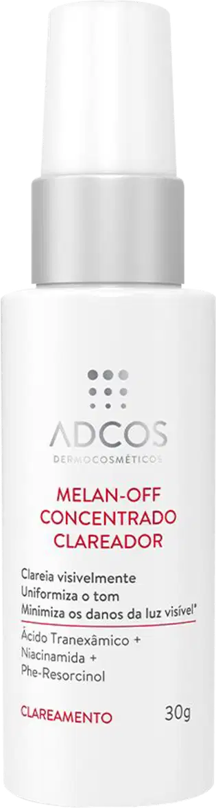Produto clareador concentrado Melan-Off da marca Adcos. Embalagem plástica branca opaca com tampa protetora. Rótulo frontal com texto descrevendo o produto como um clareador uniformizador de tom que minimiza danos da luz visível. Frasco de 30g.
