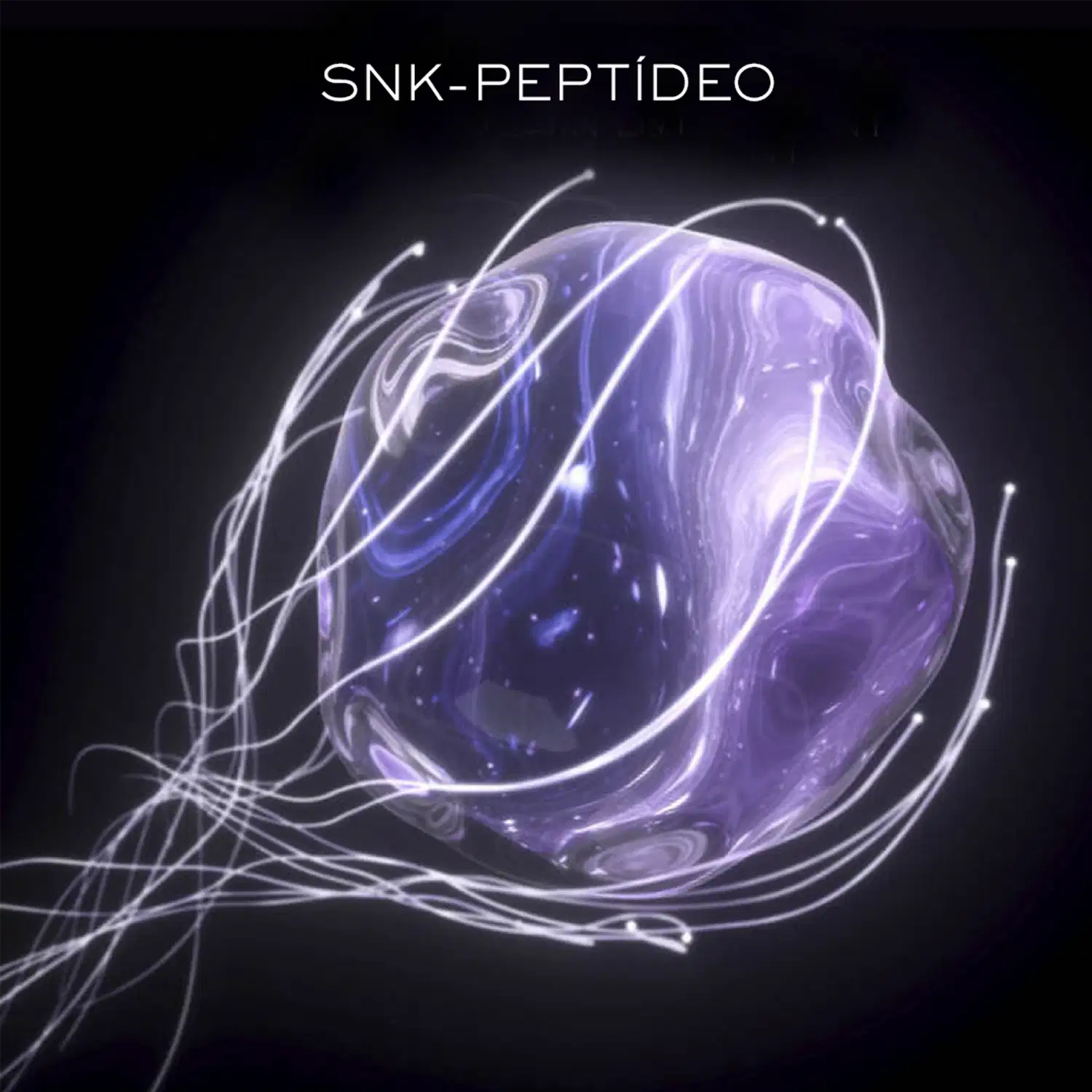 Não há embalagem física visível, apenas uma representação artística abstrata em tons de roxo e branco do ativo Peptídeo SNK. A imagem mostra uma forma orgânica fluida, semelhante a uma célula ou molécula, com detalhes delicados e linhas curvas.