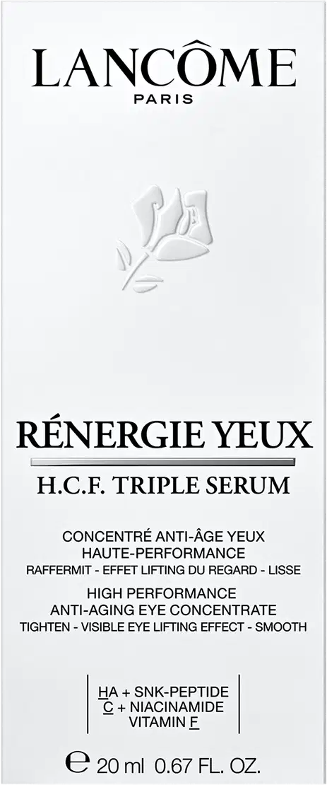 Embalagem retangular branca de sérum de tratamento para área os olhos com o logotipo e nome da marca em letras pretas. Imagem estilizada de uma folha ou ramo na parte inferior. Rótulo "Rénergie Yeux H.C.F. Triple Serum" em letras maiúsculas pretas.
