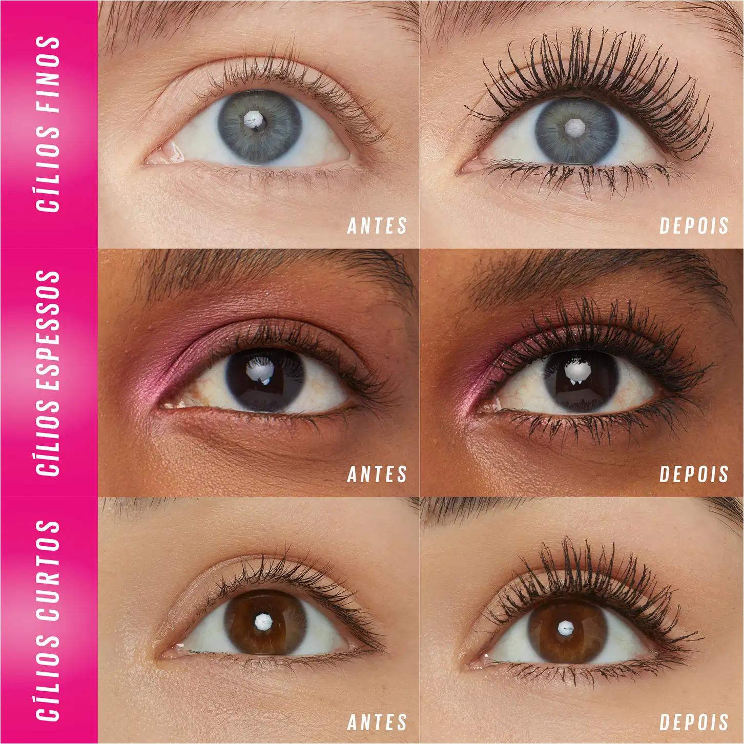 O produto é apresentado em 3 variações de cores de olhos - azul, castanho escuro e castanho claro. Para cada, há 2 fotos lado a lado, uma mostrando os cílios naturais antes da aplicação, e outra após a aplicação dos cílios postiços alongados e volumosos.