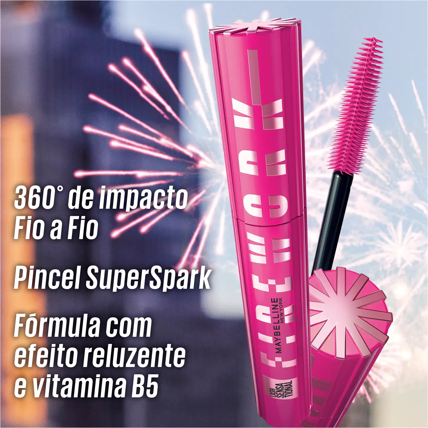 Mostra a embalagem do rímel com fogos saindo por trás, representando o impacto do produto, e com texto "360° de impacto Fio a Fio" e "Fórmula com efeito reluzente e vitamina B5".