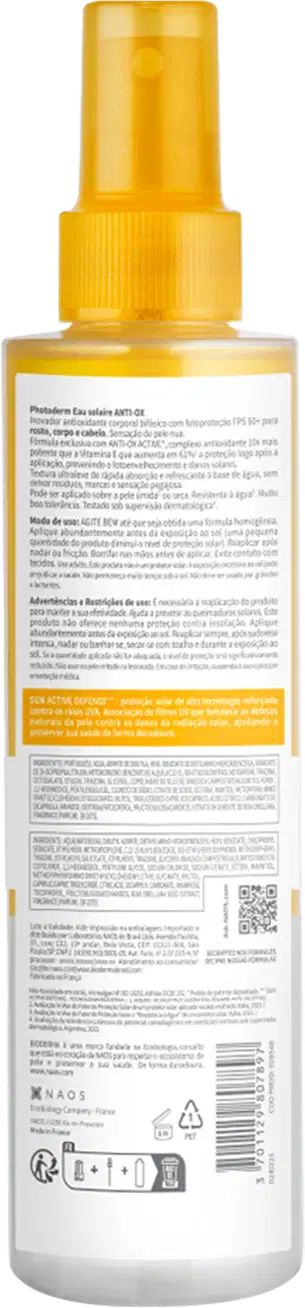 Parte de trás da embalagem com rótulo branco contendo informações em vários idiomas, incluindo instruções de uso, advertências e composição. Apresenta um código QR e o logotipo da marca Bioderma. Cores predominantes são laranja, branco e transparente.