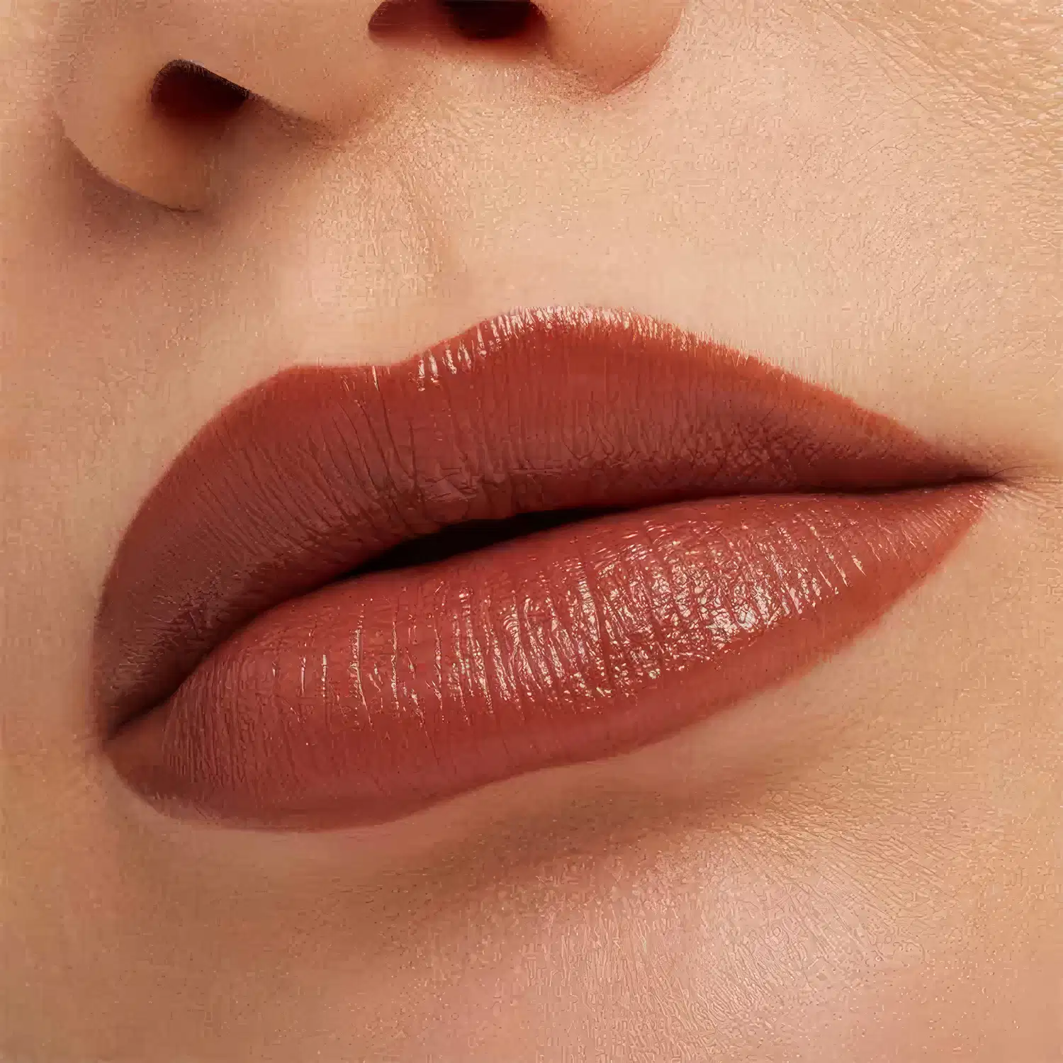 A imagem mostra a boca de uma mulher usando o batom.