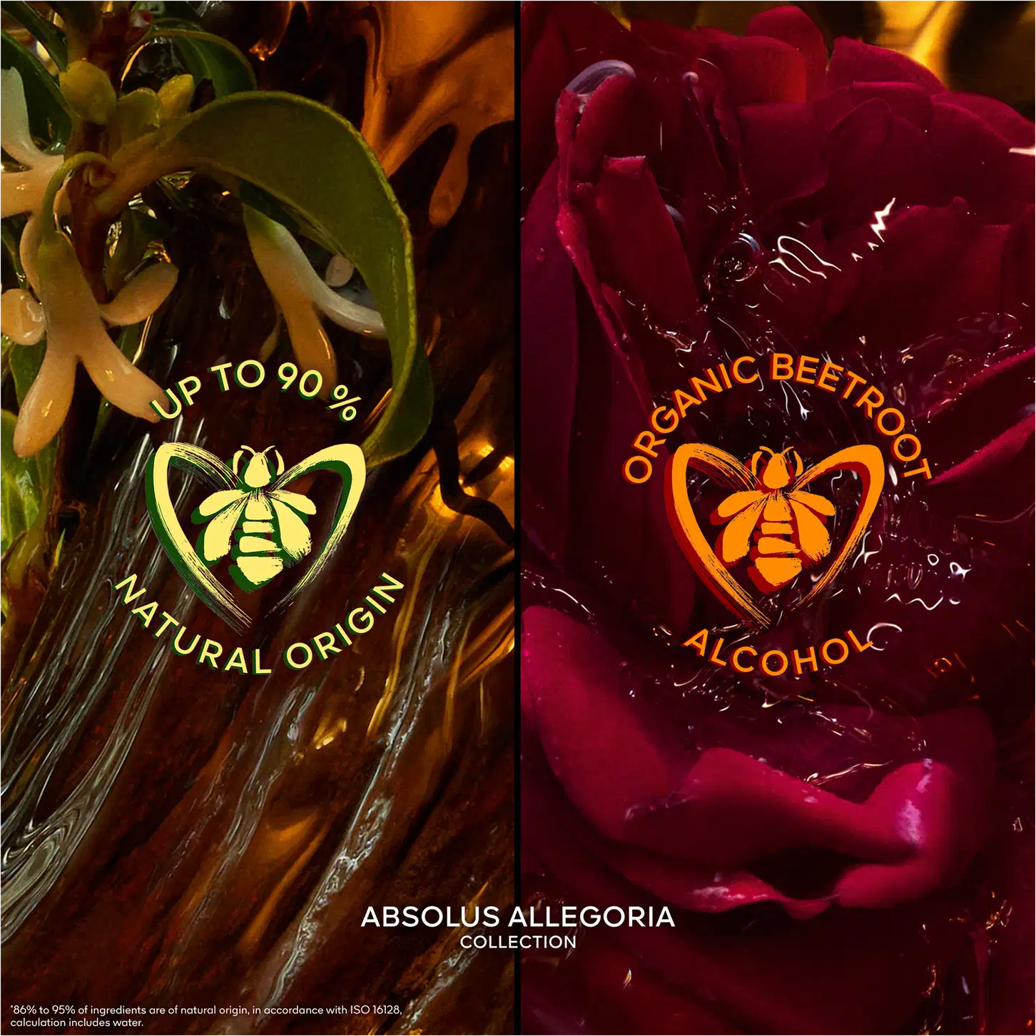 À esquerda, uma imagem com detalhes em forma de folhas e um rótulo indicando "Até 90% de origem natural". À direita, imagem abstrata vermelho intenso com rótulo indicando "Organic Beetroot Alcoholic". Ambos os frascos apresentam uma abelha no centro.