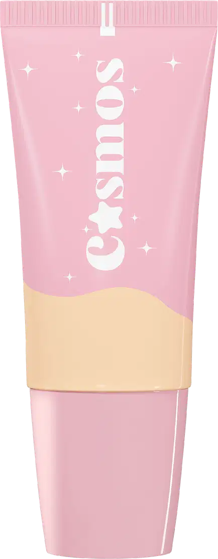 Embalagem com tampa cor-de-rosa claro, com inscrição de nome. Parte superior com tom da base e detalhes brancos na parte inferior, com pequenas estrelas decorativas ao redor. A embalagem tem um design minimalista e delicado.