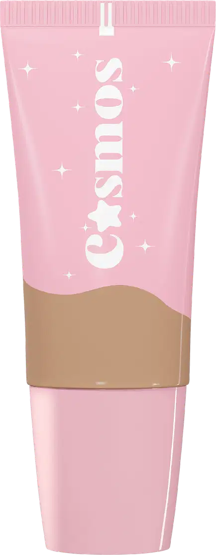 Embalagem com tampa cor-de-rosa claro, com inscrição de nome. Parte superior com tom da base e detalhes brancos na parte inferior, com pequenas estrelas decorativas ao redor. A embalagem tem um design minimalista e delicado.