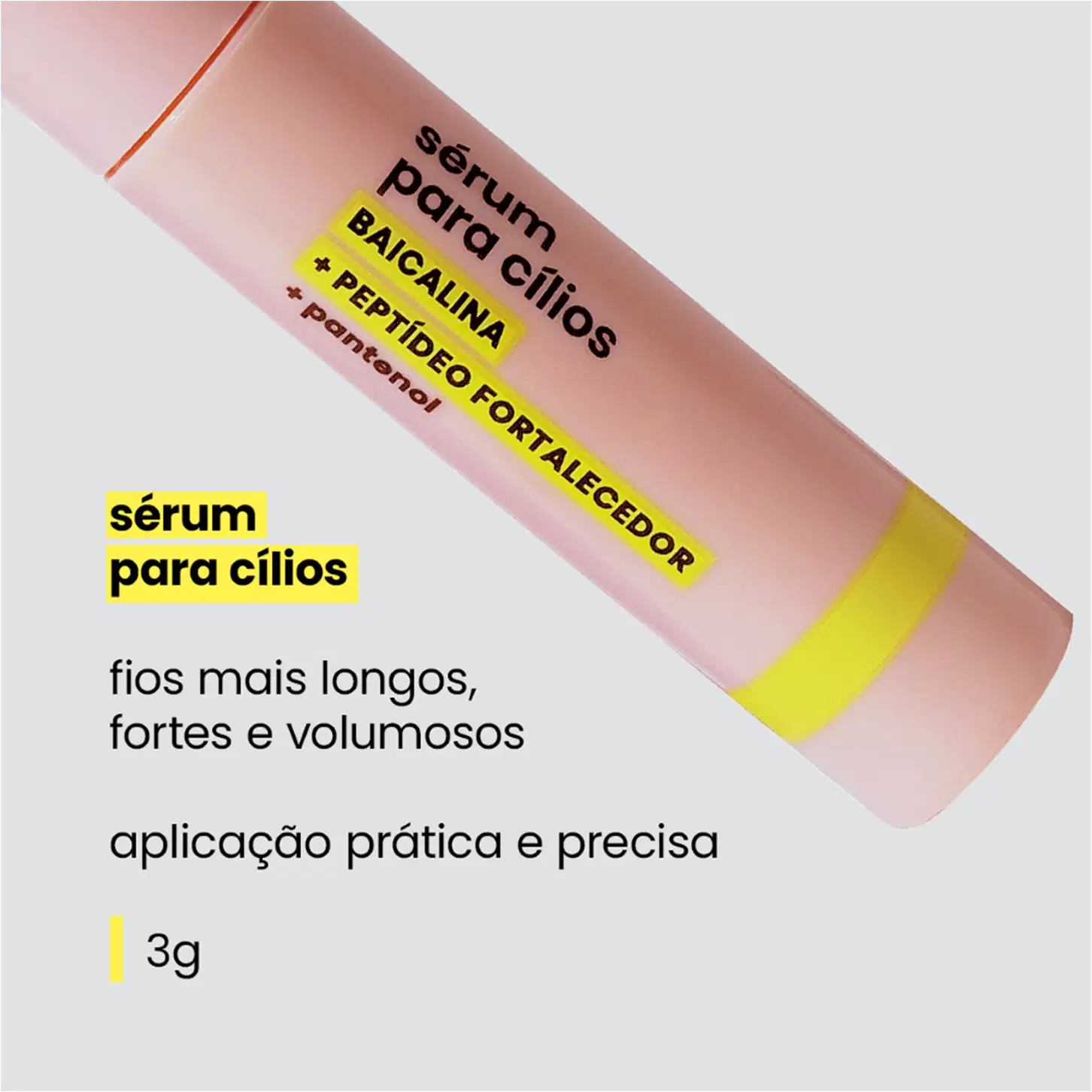 Sérum para cílios da marca Sérum. Embalagem cilíndrica rosa com detalhes em amarelo. Texto em português indicando que é um sérum fortificante para deixar os cílios mais longos, fortes e volumosos.