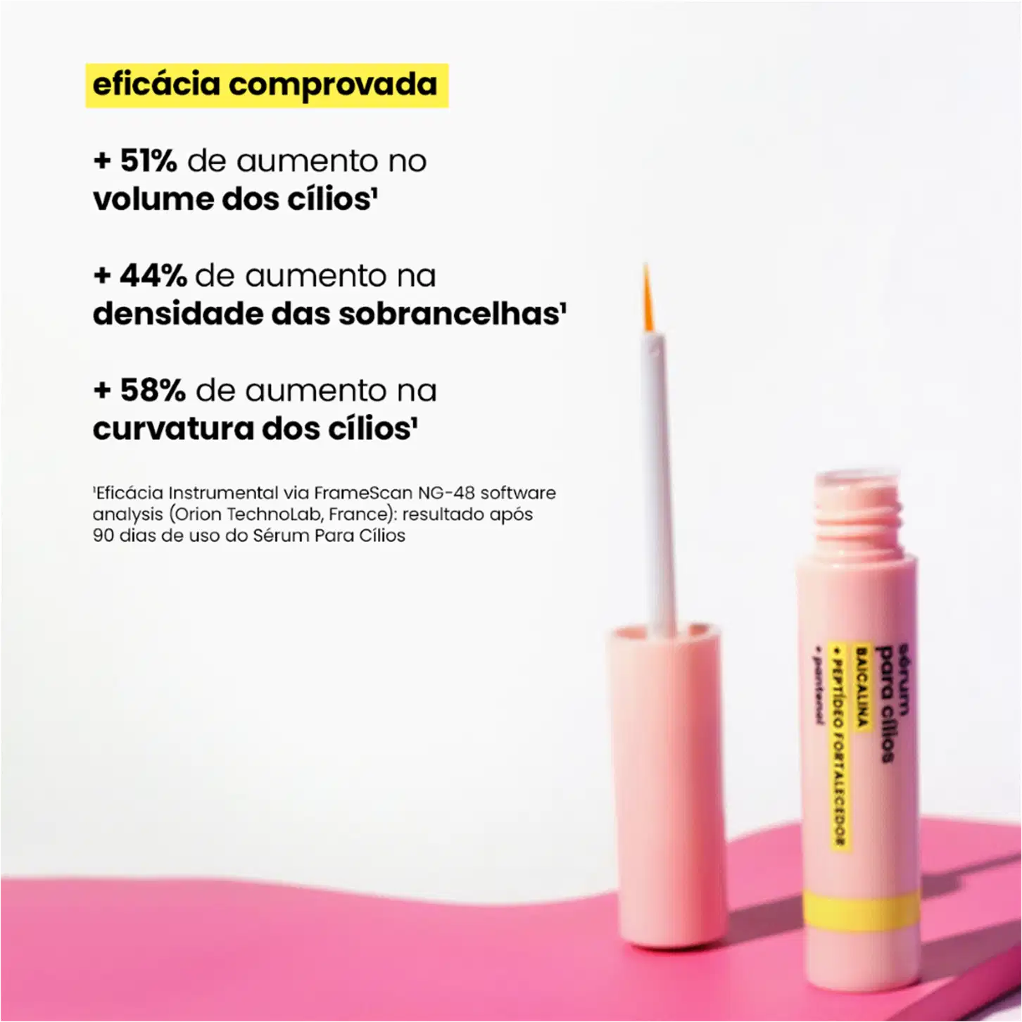 Sérum para cílios Sallve . O texto em amarelo destaca os benefícios comprovados do produto