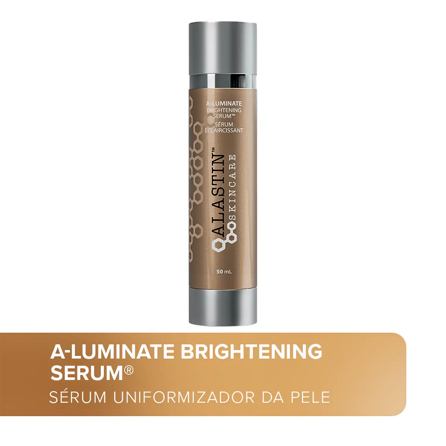 Sérum Iluminador Alastin. Embalagem cilíndrica prateada de metal com tampa prateada. Embaixo, há a descrição "Sérum Uniformizador da Pele" em português.