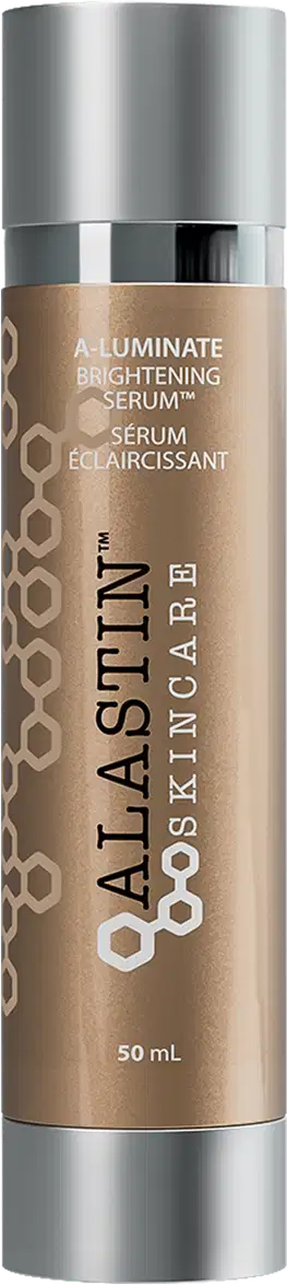 Sérum Iluminador Alastin. Embalagem cilíndrica prateada de metal com tampa prateada. Rótulo marrom com texto branco "ALASTIN" e "Aluminate Brightening Serum" em letras maiúsculas.