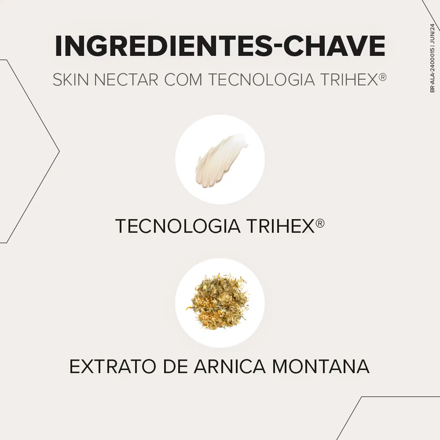 A imagem destaca os ingredientes do produto. Destaca a "Tecnologia Trihex" e o "Extrato de Arnica Montana".