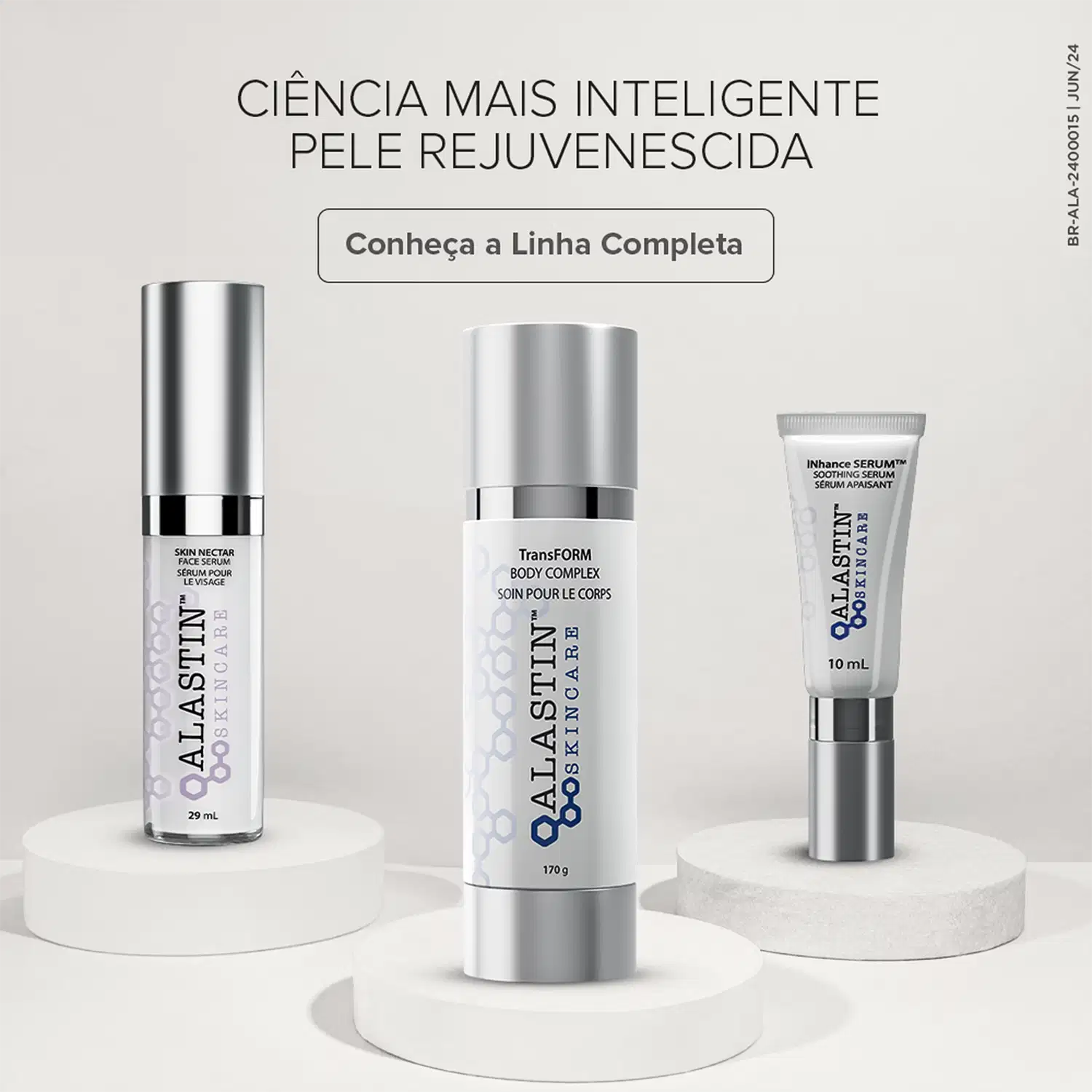 A imagem mostra três produtos de cuidados com a pele da marca Alastin.