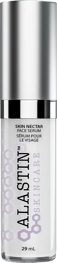 Creme sérum antissinais Alastin. Frasco cilíndrico de vidro transparente com tampa prateada metálica. Rótulo branco com o logotipo e nome do produto "Skin Nectar Face Serum" em letras pretas.