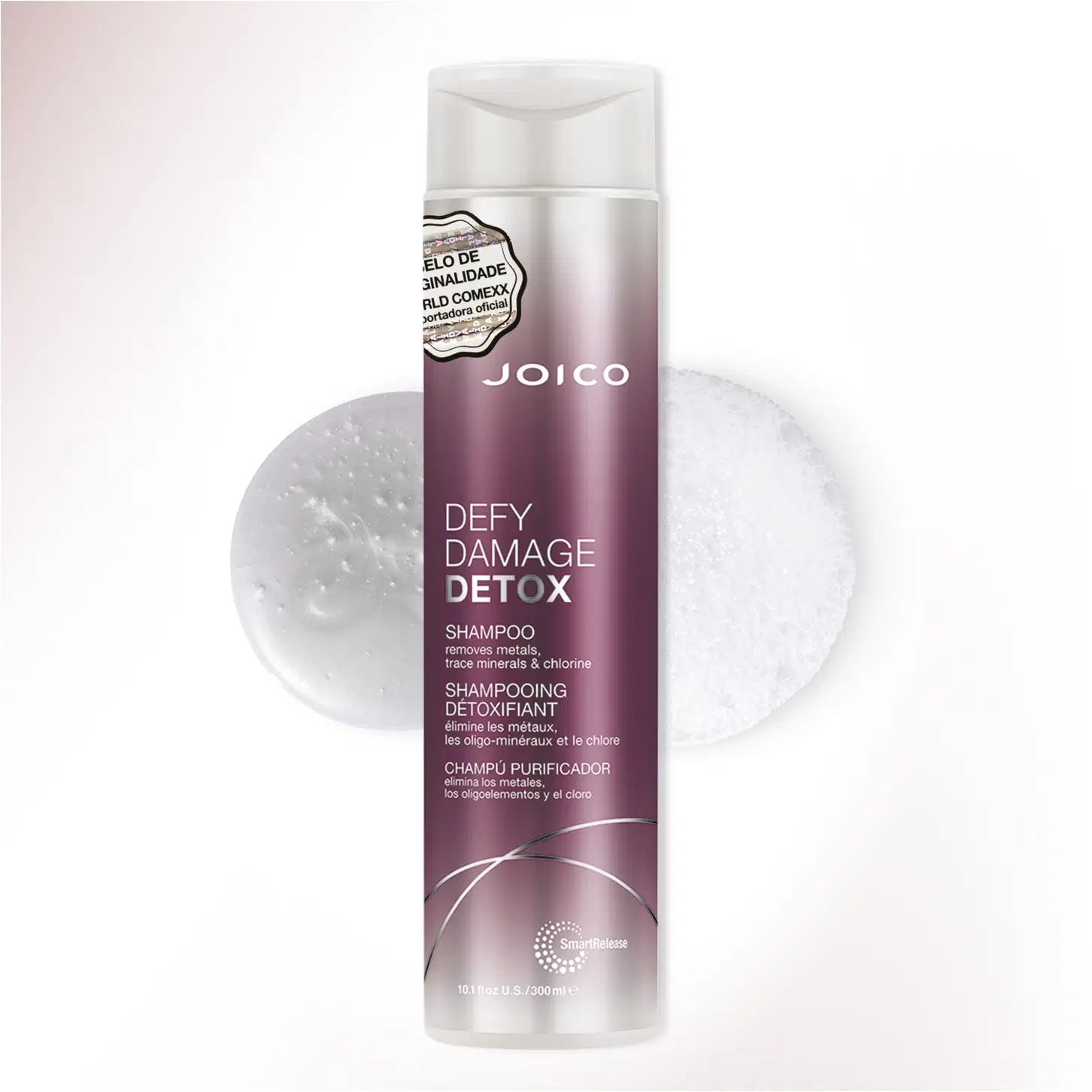Imagem mostra o shampoo e ao lado amostras de sua textura.
