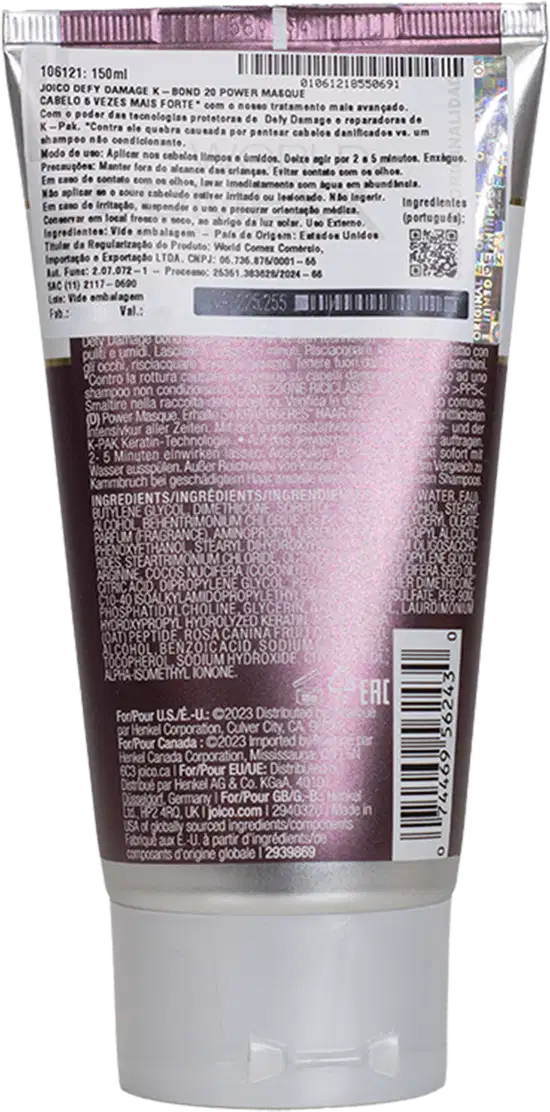 A imagem mostra o verso da embalagem com informações detalhadas do produto, incluindo ingredientes, instruções de uso e dados do fabricante. O tubo tem uma capacidade de 150ml.