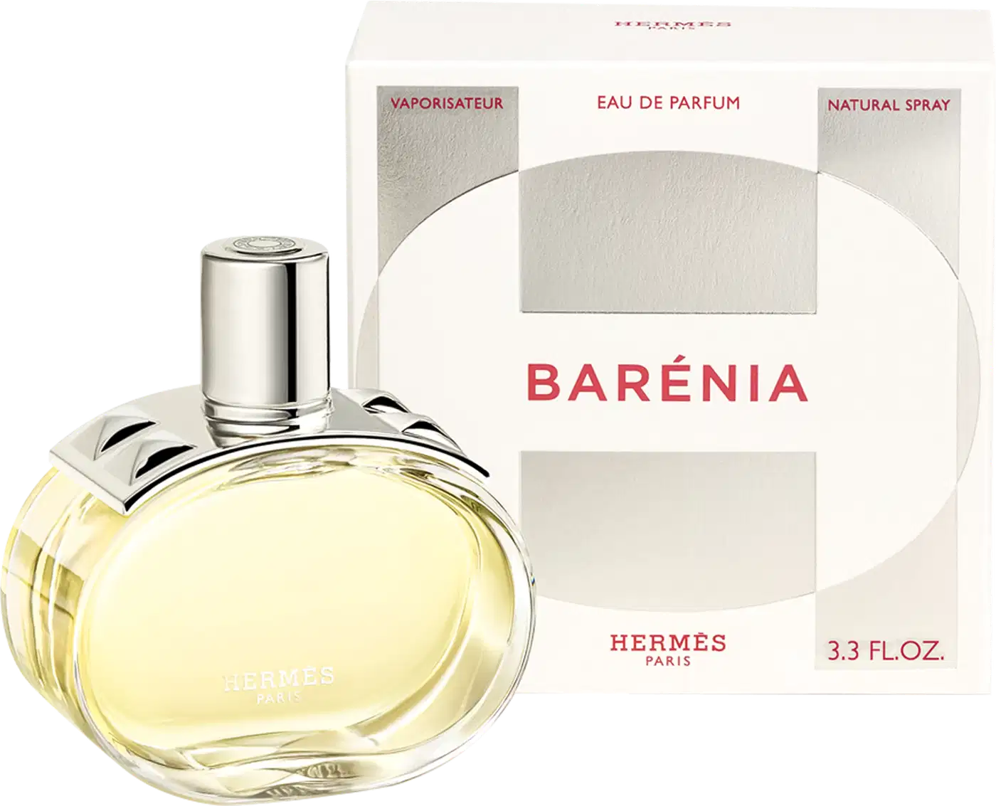 A imagem mostra o frasco do perfume e sua caixa ao lado que é branca com detalhes em prata e vermelho. Na parte frontal apresenta o H, logo de Hermès e informações sobre o perfume.
