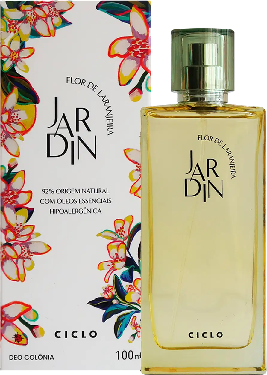 Frasco do perfume ao lado da caixa da embalagem, cujo design é na cor branca com estampa floral colorida e vibrante em tons de vermelho, laranja, amarelo e verde.