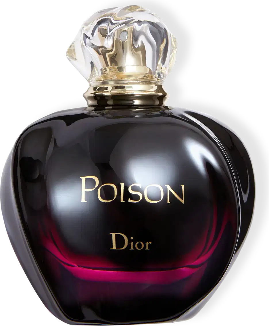 A imagem mostra o perfume em frasco de vidro em forma de coração com tampa de cristal facetado. O frasco é preto com detalhes em vermelho escuro, com o líquido translúcido no interior. Na parte frontal do frasco está escrito "Poison" em letras douradas.