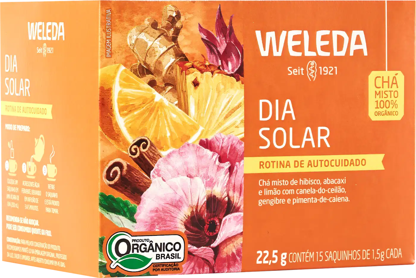 A imagem mostra a embalagem do chá em uma caixa retangular laranja com imagens de frutas cítricas, especiarias e flores. Texto em português descrevendo os ingredientes.