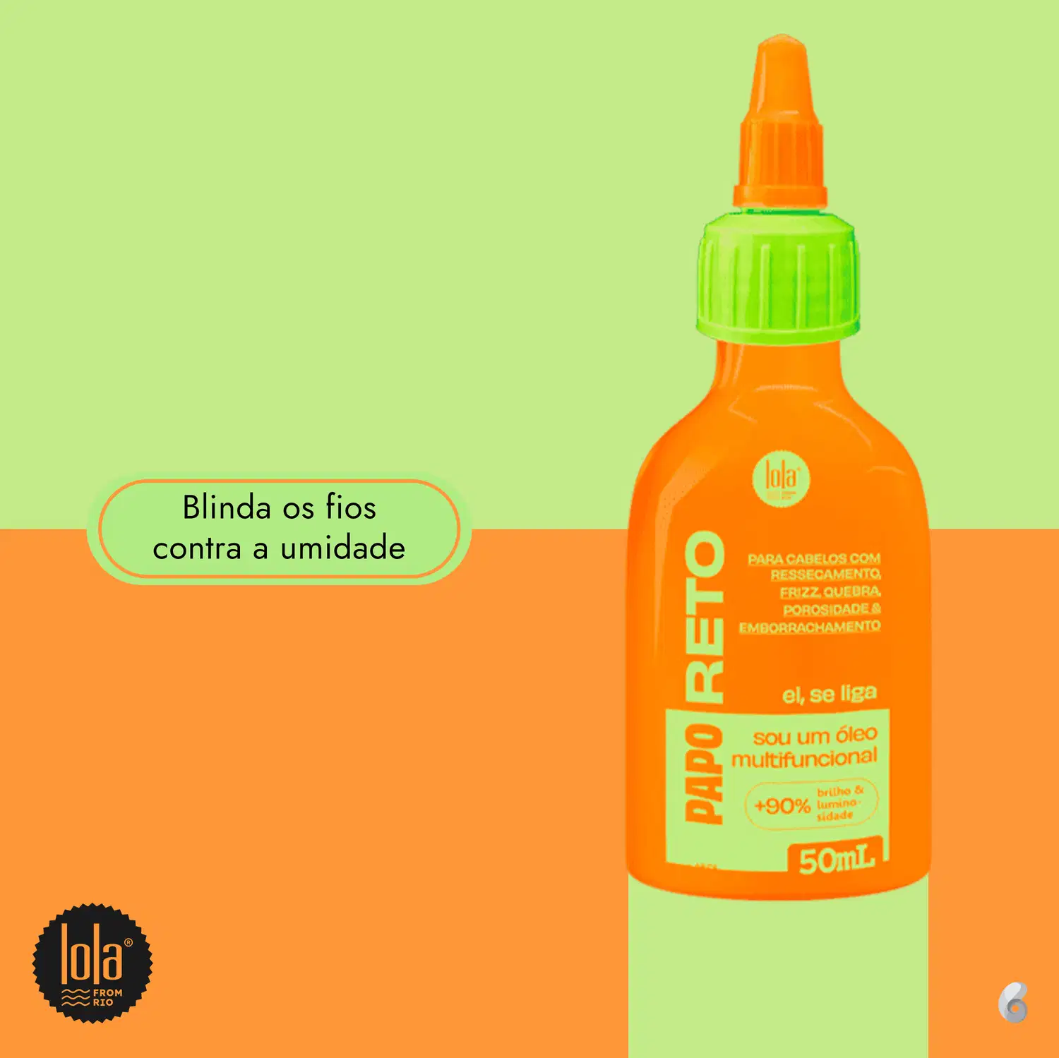 Produto multifuncional para cabelos com óleo de solução, embalagem plástica laranja e verde. Frasco de 50ml com aplicador conta-gotas na tampa verde. Rótulo com texto "Papo Reto" e informações sobre uso.