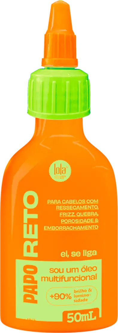 Produto multifuncional para cabelos com óleo de brilho e limpeza. Embalagem plástica laranja com tampa verde. Rótulo com texto "Papo Reto" e informações sobre o uso para ressecamento, frizz, porosidade e emborrachamento. Volume de 50ml.