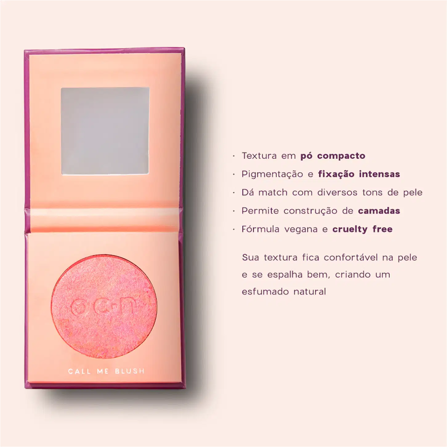 O texto descreve as características do produto, como textura em pó compacto, pigmentação e fixação intensas, fórmula vegana e cruelty free, e que permite a construção de camadas e espalha bem para um esfumado natural.