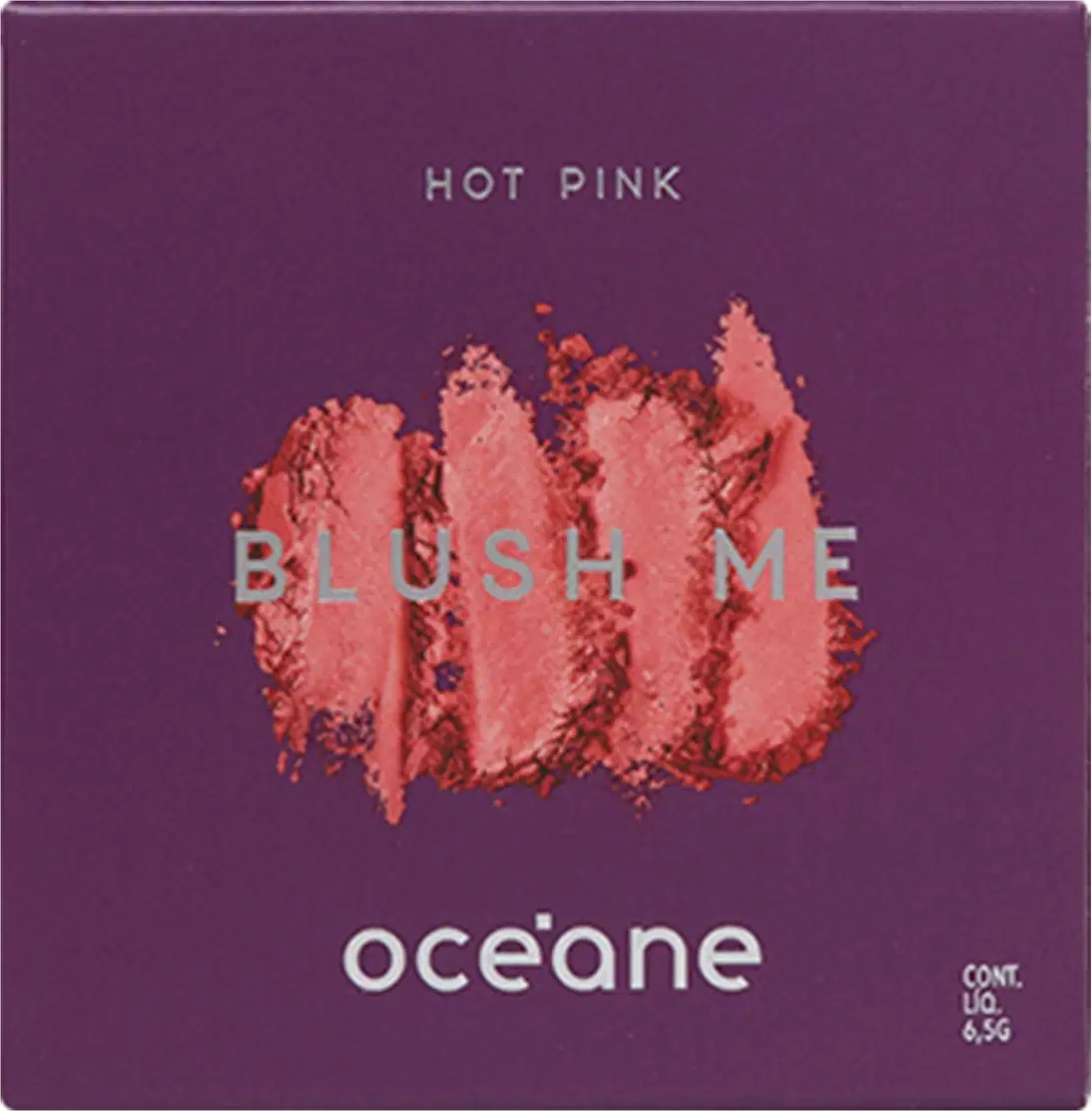 A imagem mostra a embalagem do Blush Me da marca Océane: uma caixa quadrada de cor roxa escura. No centro, há uma mancha abstrata em tons de rosa claro e coral. O nome do produto "BLUSH ME" está escrito em letras maiúsculas brancas sobre a mancha rosa.
