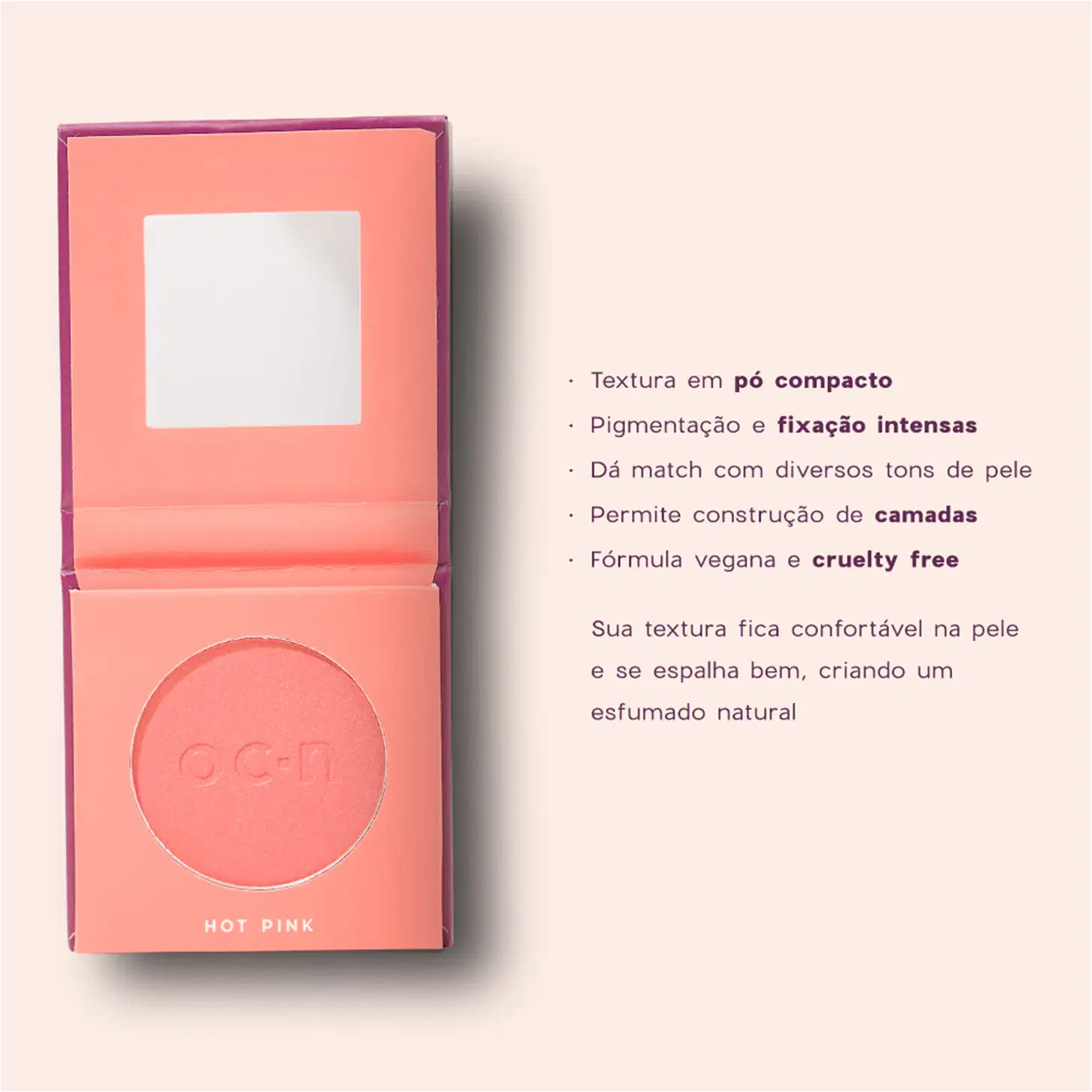 O texto descreve as características do produto, como textura em pó compacto, pigmentação e fixação intensas, fórmula vegana e cruelty free, e que permite a construção de camadas e espalha bem para um esfumado natural.