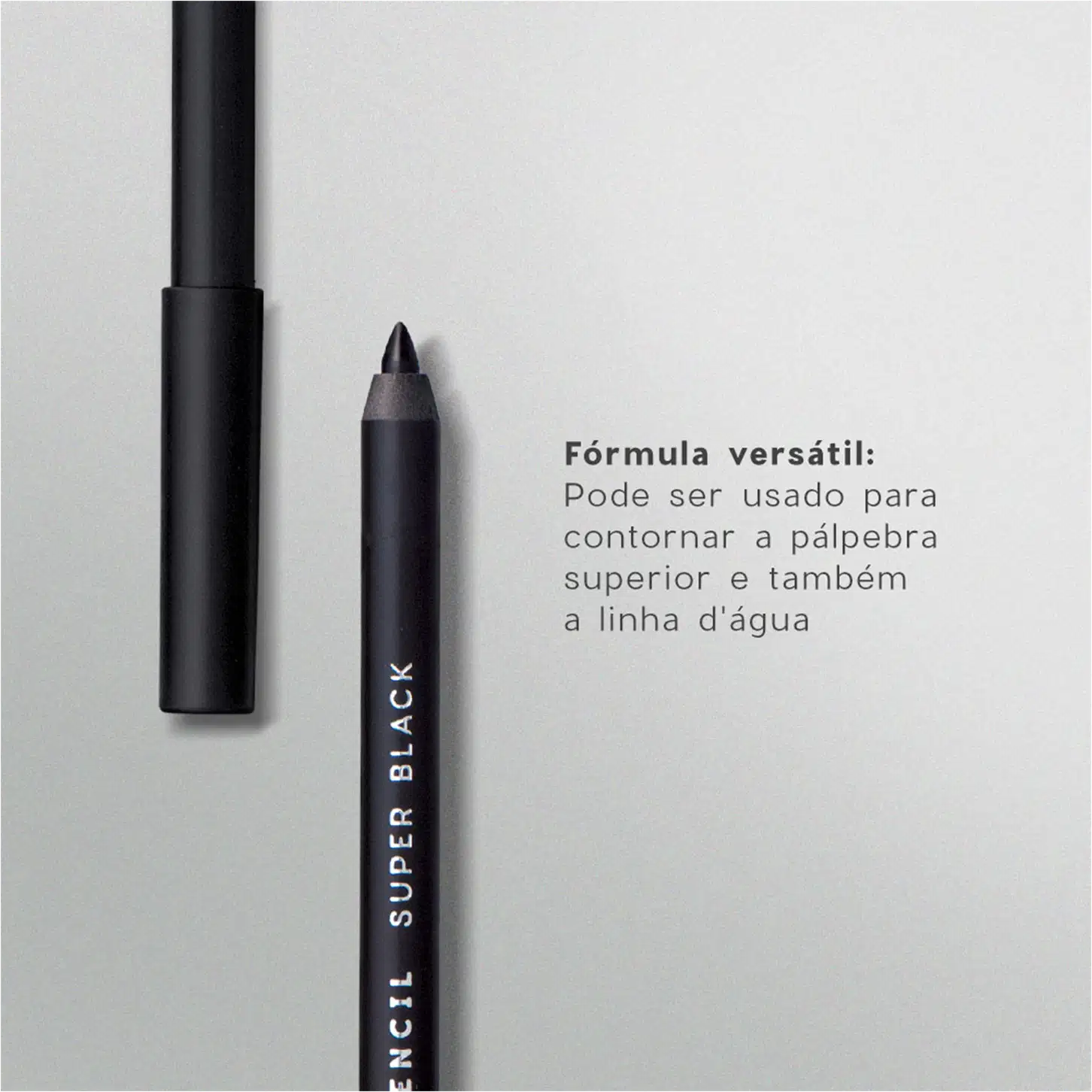 Lápis de olho preto da Océane e o texto indicando que é uma fórmula versátil que pode ser usada para delinear a pálpebra superior e também a linha d'água.