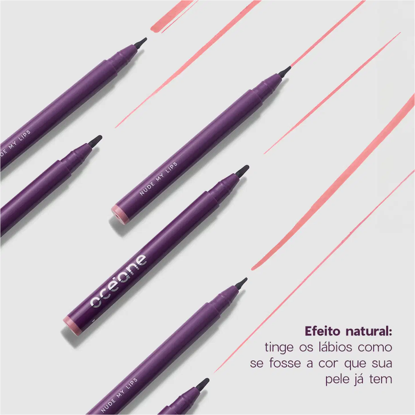 A imagem mostra várias canetas e traços rosas representando a cor do produto. O texto promocional indica que o efeito é natural, tingindo os lábios com a cor que sua pele já tem.
