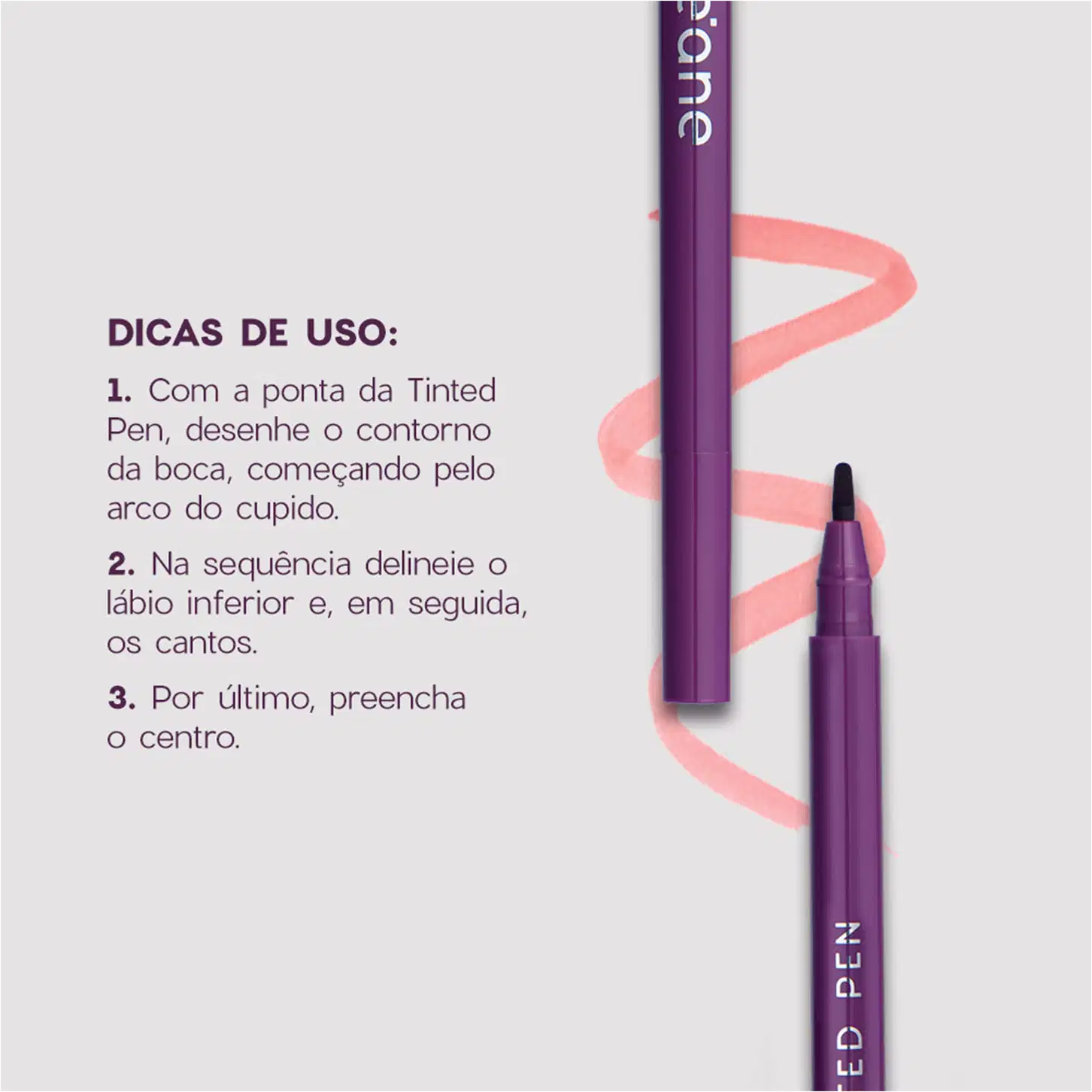 O produto mostrado é uma caneta delineadora de lábios da marca Océane. Tem uma embalagem na cor roxa escura. Ao lado, há instruções de uso, explicando a sequência de traçar o contorno da boca, lábio inferior e cantos, além de preencher o centro dos lábios