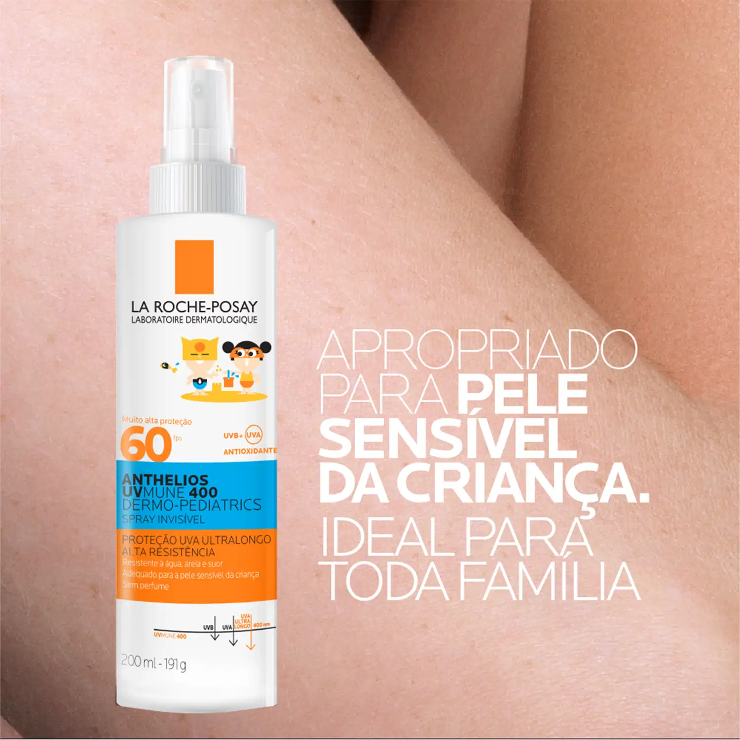 A imagem mostra o frasco do protetor e a informação de que é apropria do para a pele sensível da criança e ideal para toda família.