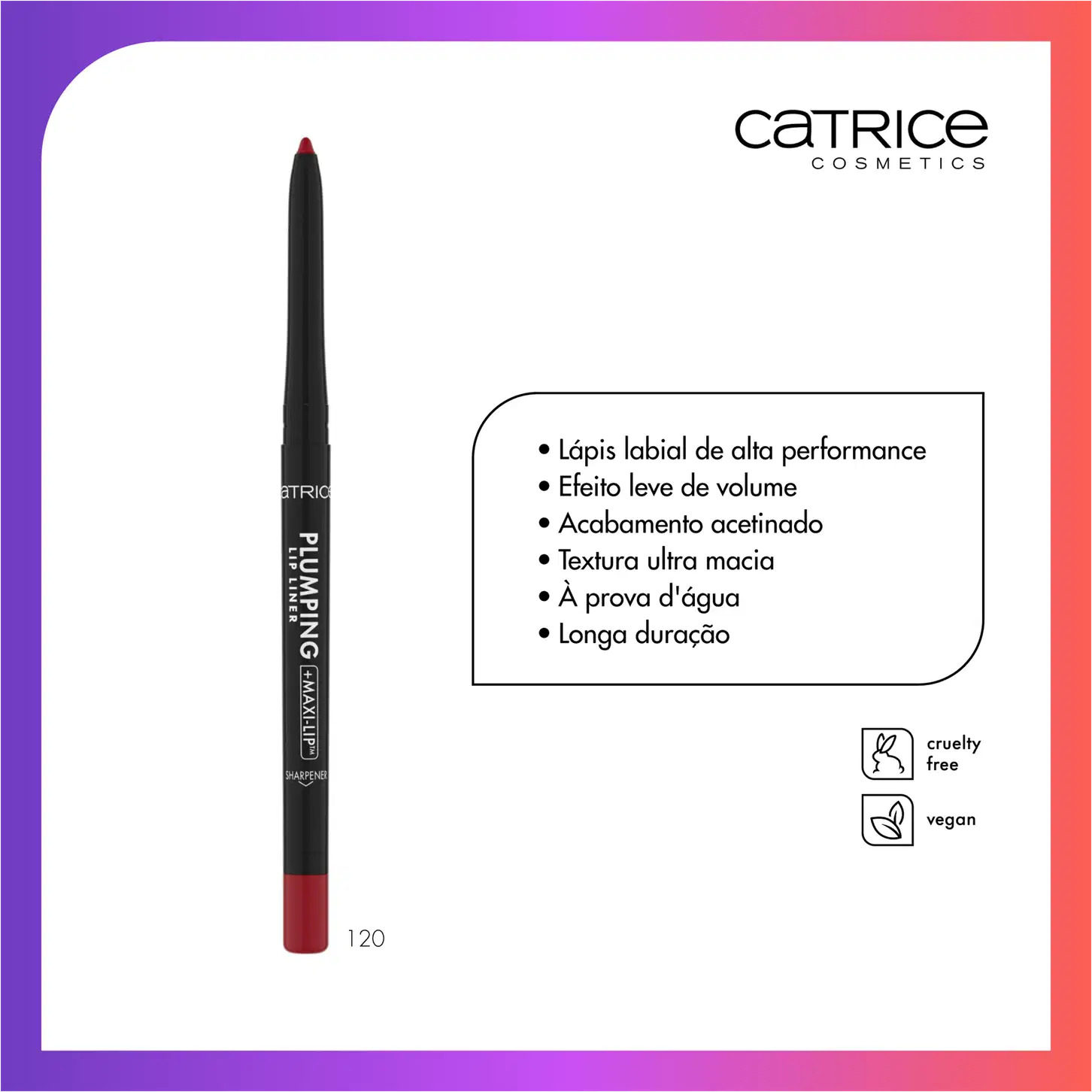 Lápis labial com texto descrevendo os benefícios.