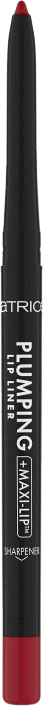 Lápis de maquiagem com a ponta na cor vermelha. A embalagem é um tubo preto com o nome do produto e a marca impressos em letras brancas.