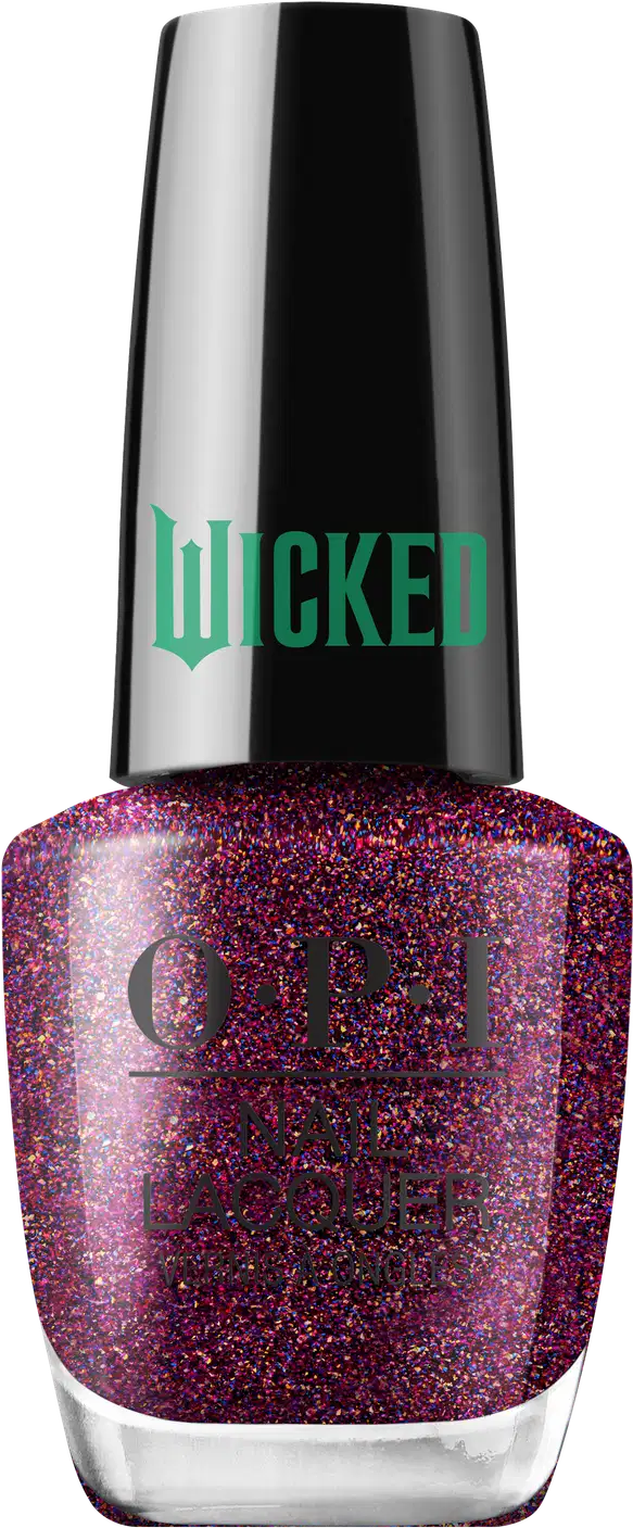 Produto de esmalte de unhas OPI da linha Wicked. Frasco de vidro transparente com tampa preta. O esmalte tem uma cor roxa/vinho brilhante. O rótulo exibe o logotipo OPI em letras pretas, com o nome "Wicked" em verde na tampa.