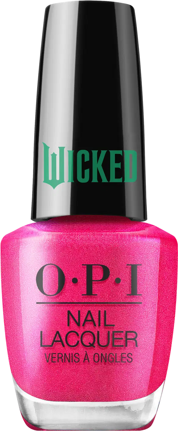 Produto de esmalte de unhas OPI da linha Wicked. Frasco de vidro transparente com tampa preta. O esmalte tem uma cor rosa pink cintilante. O rótulo exibe o logotipo OPI em letras pretas, com o nome "Wicked" em verde na tampa.