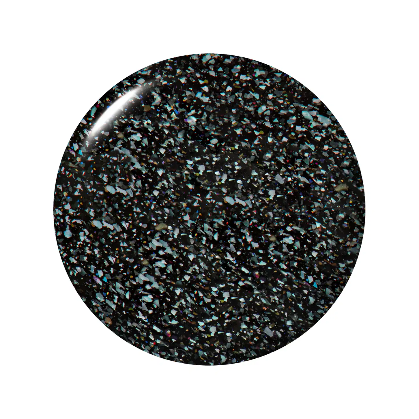Amostra em formato circular, com uma textura brilhante e cremosa em tons de preto com glitter esverdeado.