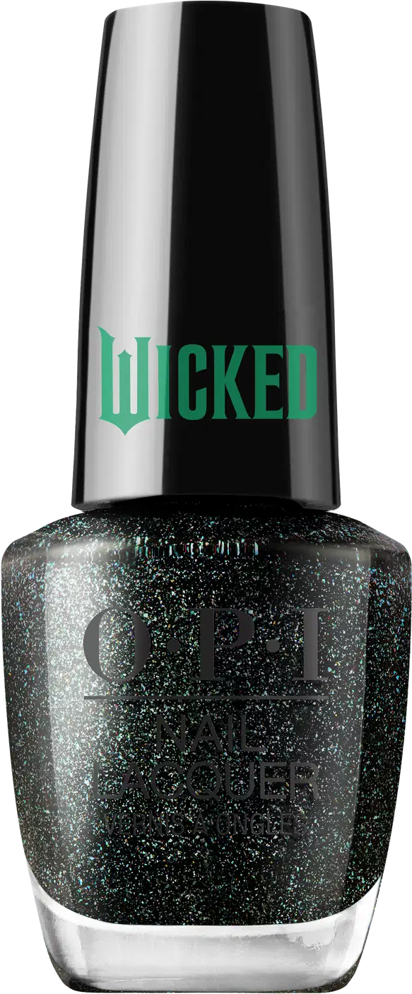 Produto de esmalte de unhas OPI da linha Wicked. Frasco de vidro transparente com tampa preta. O esmalte tem uma cor preta. O rótulo exibe o logotipo OPI em letras pretas, com o nome "Wicked" em verde na tampa.