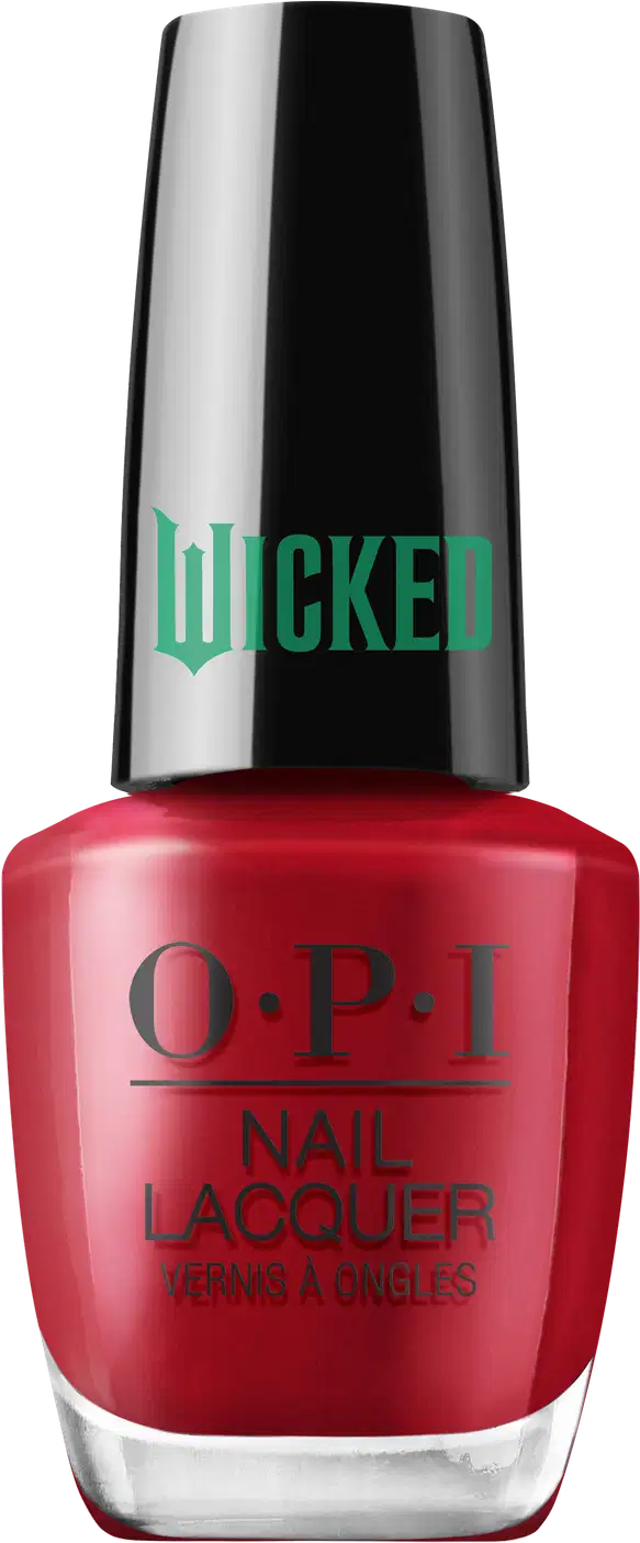 Produto de esmalte de unhas OPI da linha Wicked. Frasco de vidro transparente com tampa preta. O esmalte tem uma cor vermelha intensa. O rótulo exibe o logotipo OPI em letras pretas, com o nome "Wicked" em verde na tampa.