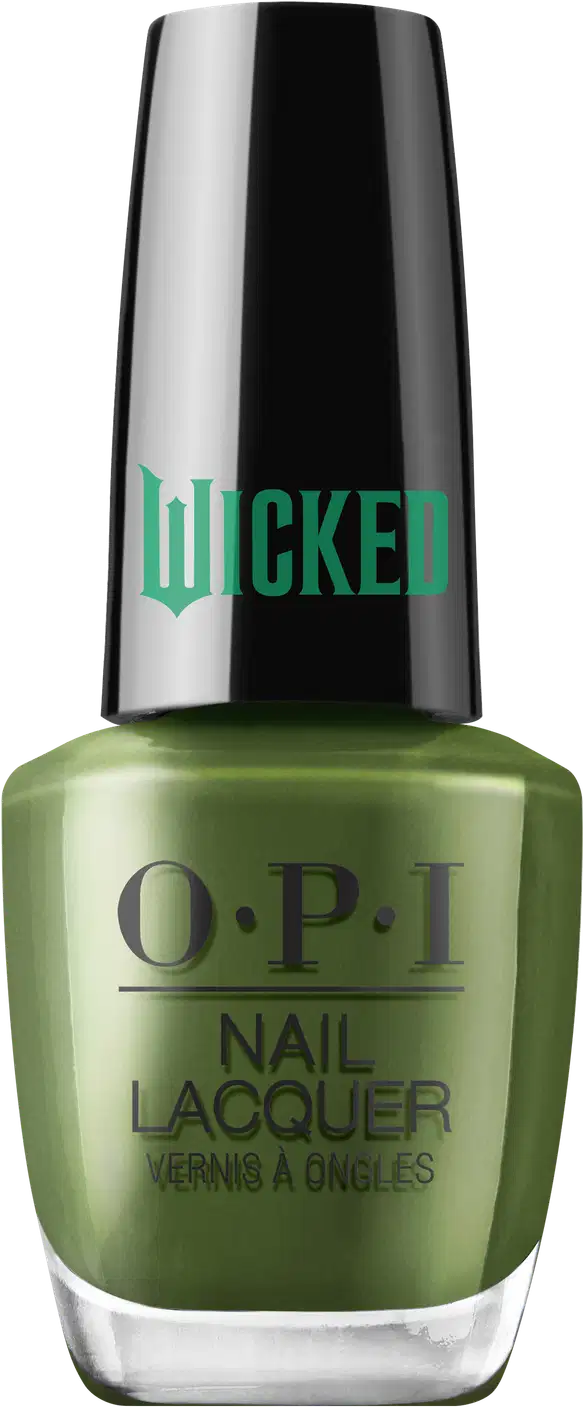 Produto de esmalte de unhas OPI da linha Wicked. Frasco de vidro transparente com tampa preta. O esmalte tem uma cor verde escuro intenso. O rótulo exibe o logotipo OPI em letras pretas, com o nome "Wicked" em verde na tampa.