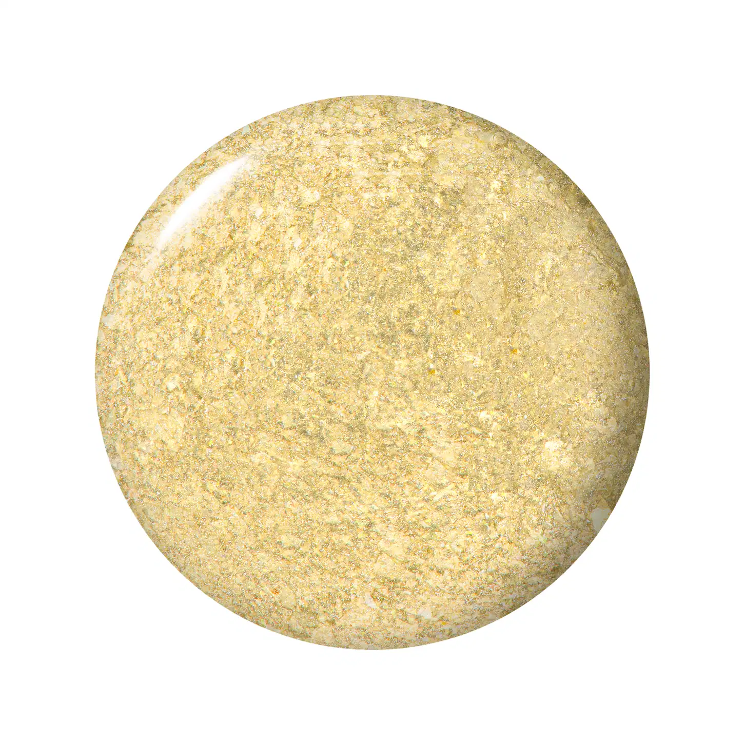 Amostra em formato circular, com uma textura brilhante e cremosa em tons de dourado claro.