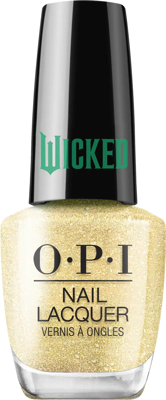 Produto de esmalte de unhas OPI da linha Wicked. Frasco de vidro transparente com tampa preta. O esmalte tem uma cor dourado suave. O rótulo exibe o logotipo OPI em letras pretas, com o nome "Wicked" em verde na tampa.