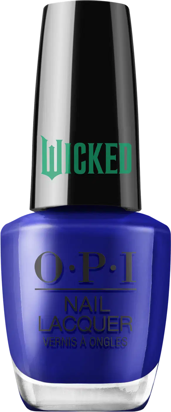 Produto de esmalte de unhas OPI da linha Wicked. Frasco de vidro transparente com tampa preta. O esmalte tem uma cor azul intenso. O rótulo exibe o logotipo OPI em letras pretas, com o nome "Wicked" em verde na tampa.