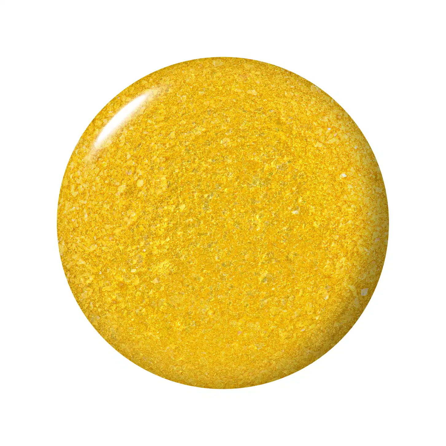 Amostra em formato circular, com uma textura brilhante e cremosa em tons de amarelo luminoso.