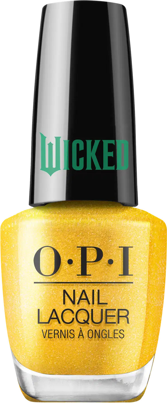 Produto de esmalte de unhas OPI da linha Wicked. Frasco de vidro transparente com tampa preta. O esmalte tem uma cor amarelo brilhante. O rótulo exibe o logotipo OPI em letras pretas, com o nome "Wicked" em verde na tampa.