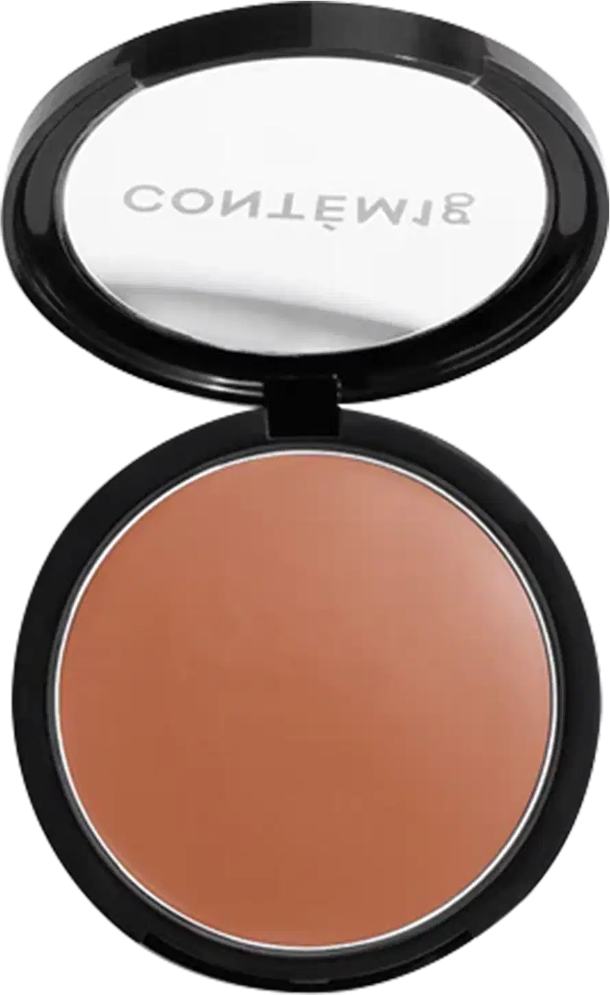 A imagem mostra uma embalagem aberta de bronzer cremoso. A embalagem é preta com parte transparente e o logo da marca em branco.
