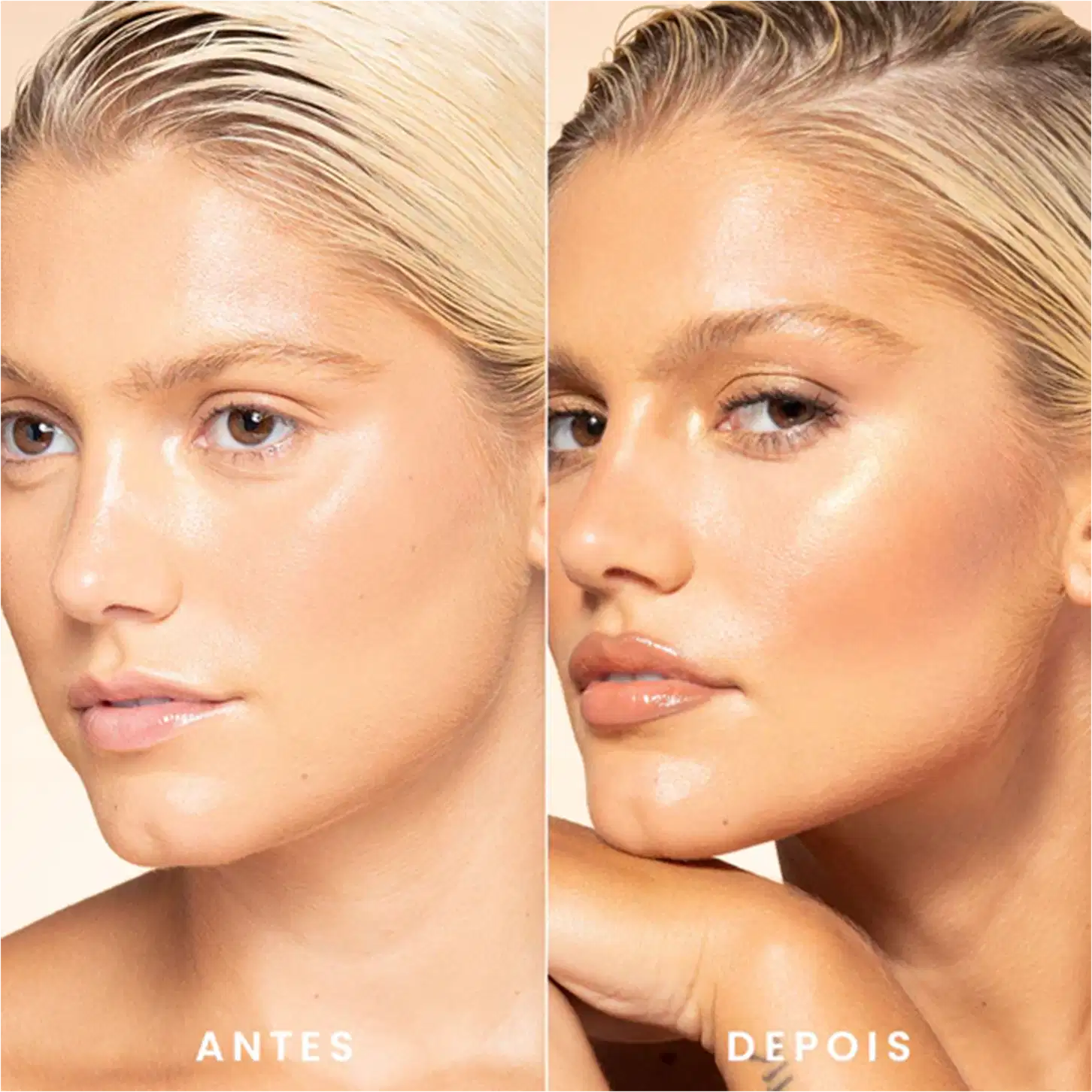 A imagem mostra um antes e depois de uma modelo usando o bronzer.