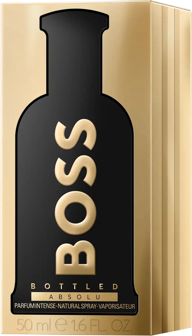 Caixa do perfume em embalagem retangular dourada e preto.