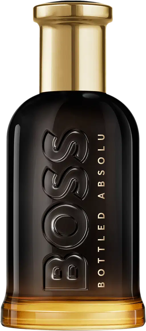 Perfume em frasco de vidro com formato cilíndrico e tampa dourada. Ele tem uma gradação de cor que vai do preto na parte superior ao âmbar na parte inferior. O rótulo exibe o logotipo "BOSS" em relevo e a inscrição "BOTTLED ABSOLU" abaixo, em dourado.
