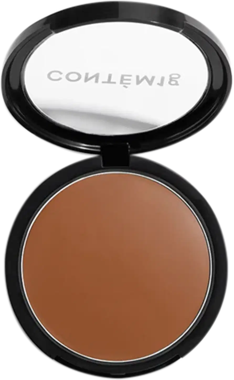 A imagem mostra uma embalagem aberta de bronzer cremoso. A embalagem é preta com parte transparente e o logo da marca em branco.